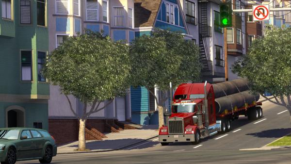 Screenshot: Auf einer von für San Francisco typischen hügeligen Straßen fährt ein LKW bergab.