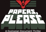 Logo des Spiels; Ein stilisierter roter Adler unter dem in Blockbuchstaben "Papers, Please" steht